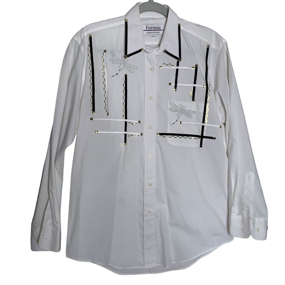 Fortune Shirt Womens Small White Button Up Dragonfly Embroidered Studded Vintage